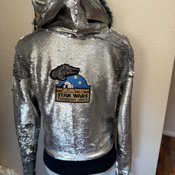Stardust Love - Save The Lars - Star Wars Silver Sequin Jacket w/ Faux Fur Hood - Picture 1 of 17